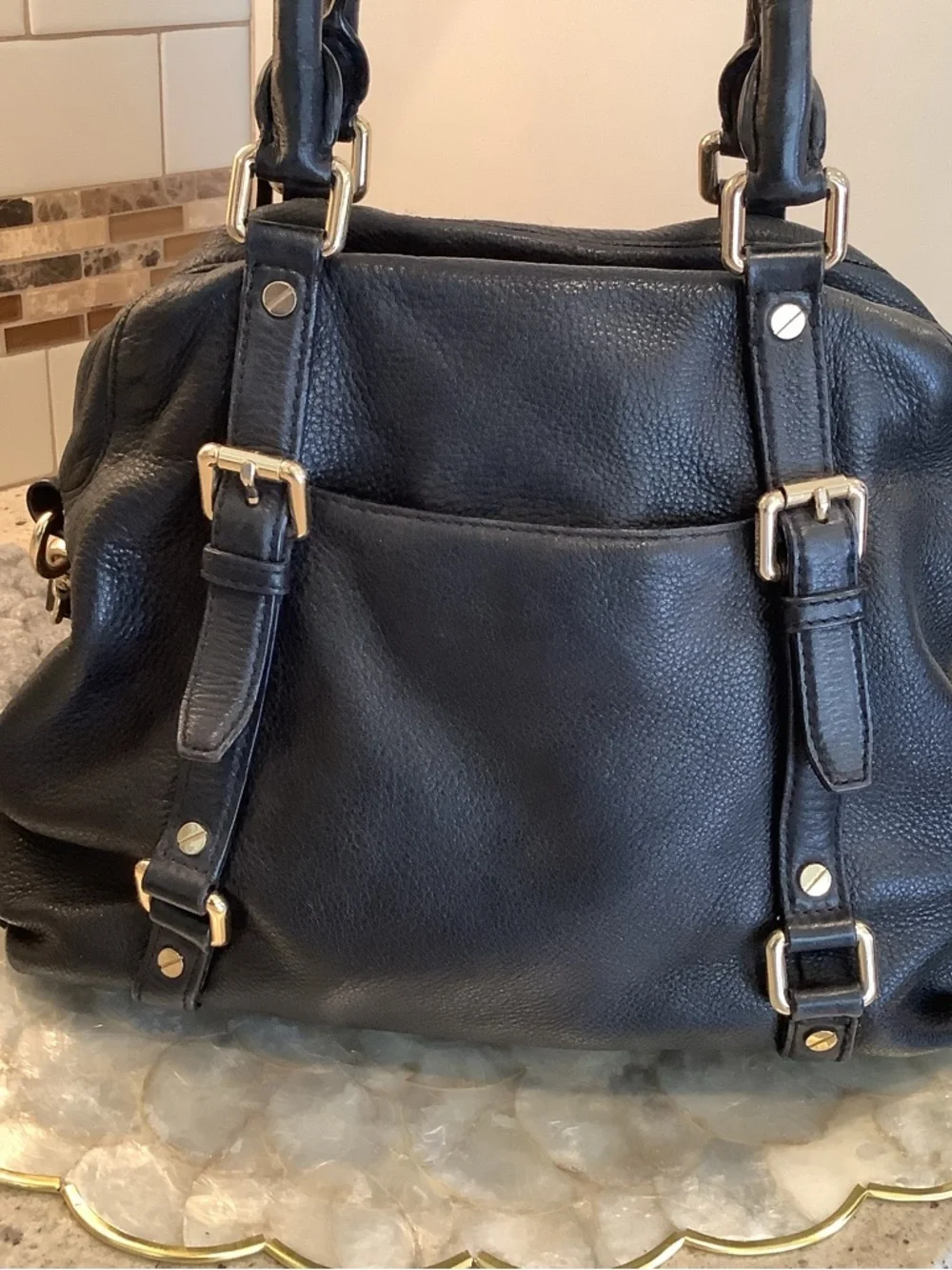 Michael Kors Black Leather Satchel with Gold Hardware